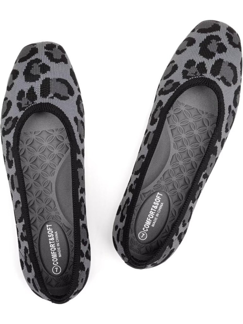Women's Leopard Square Toe Flat Fly Knitted Fabric Comfortable Knitted Shoes